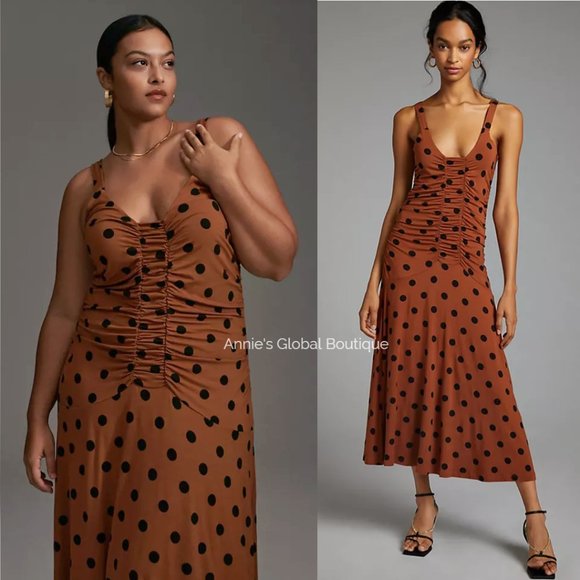 RARE NWT ANTHROPOLOGIE Maeve Ruched Polka Dot Midi Dress. Size L - Picture 8 of 16